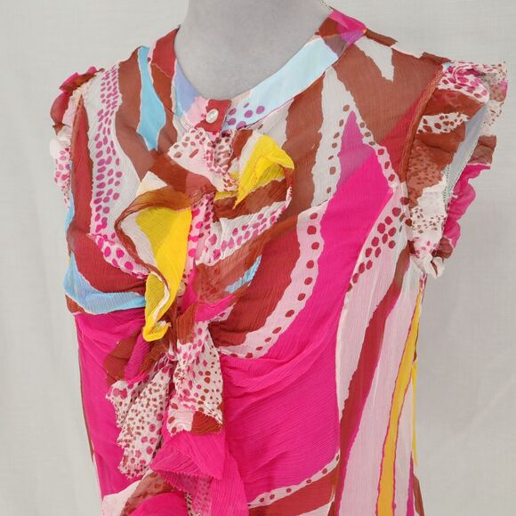 Diane Von Furstenberg Top Womens 10 Pink Yellow Silk Blouse Chiffon Ruffle Front - Picture 9 of 16